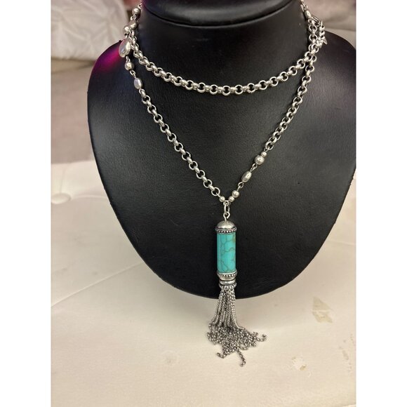 Chicos Turquoise & Silver Tassel Necklace With Chain & Bead Accents Long - Picture 13 of 13